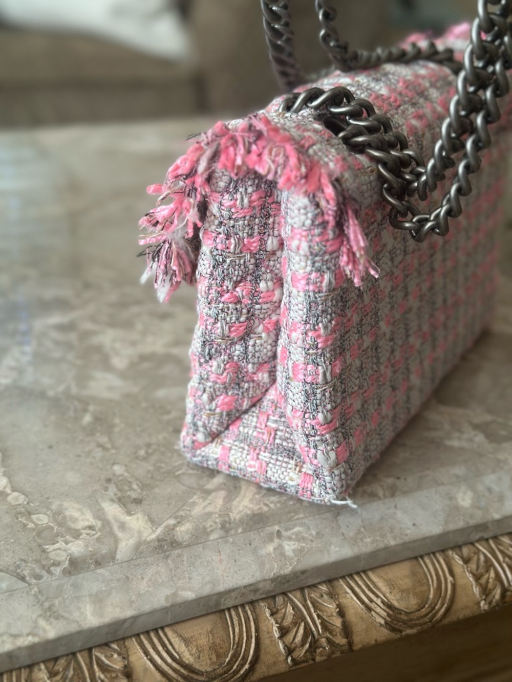 Kurt Geiger London “The Brixton” Tweed Chain Shoulder Bag – Pink & Gray Bouclé - Picture 5 of 9